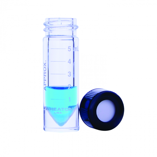 WHEATON® NextGen™ V Vial® 5 mL, Graduated, Clear Glass, 20-400 Black Phenolic Open Top Screw Cap, PTFE/Silicone Liner