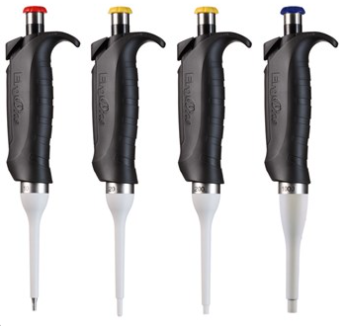 Set of 4 ErgoOne® Single Channel Pipettes. 2.5, 20, 200, and 1000 µL