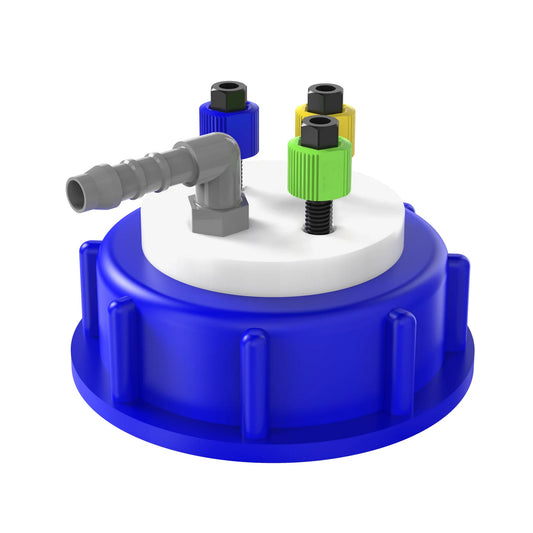 Waste Cap, S61, 4 Ports Thread to Barbed, Includes Nuts & Ferrules, withoutut Angled Barbed Adapter