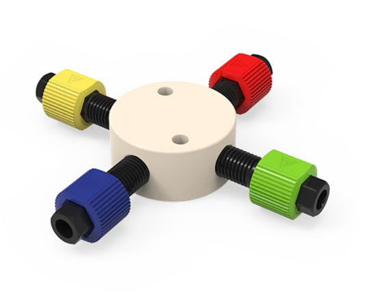 Low Pressure Cross,PEEK, 1.5 mm Bore, for 1/8" Tubing OD, Complete with Fittings