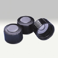 Black Phenolic Open-Top Caps with Gray Chlorobutyl/50 Septa and Flange